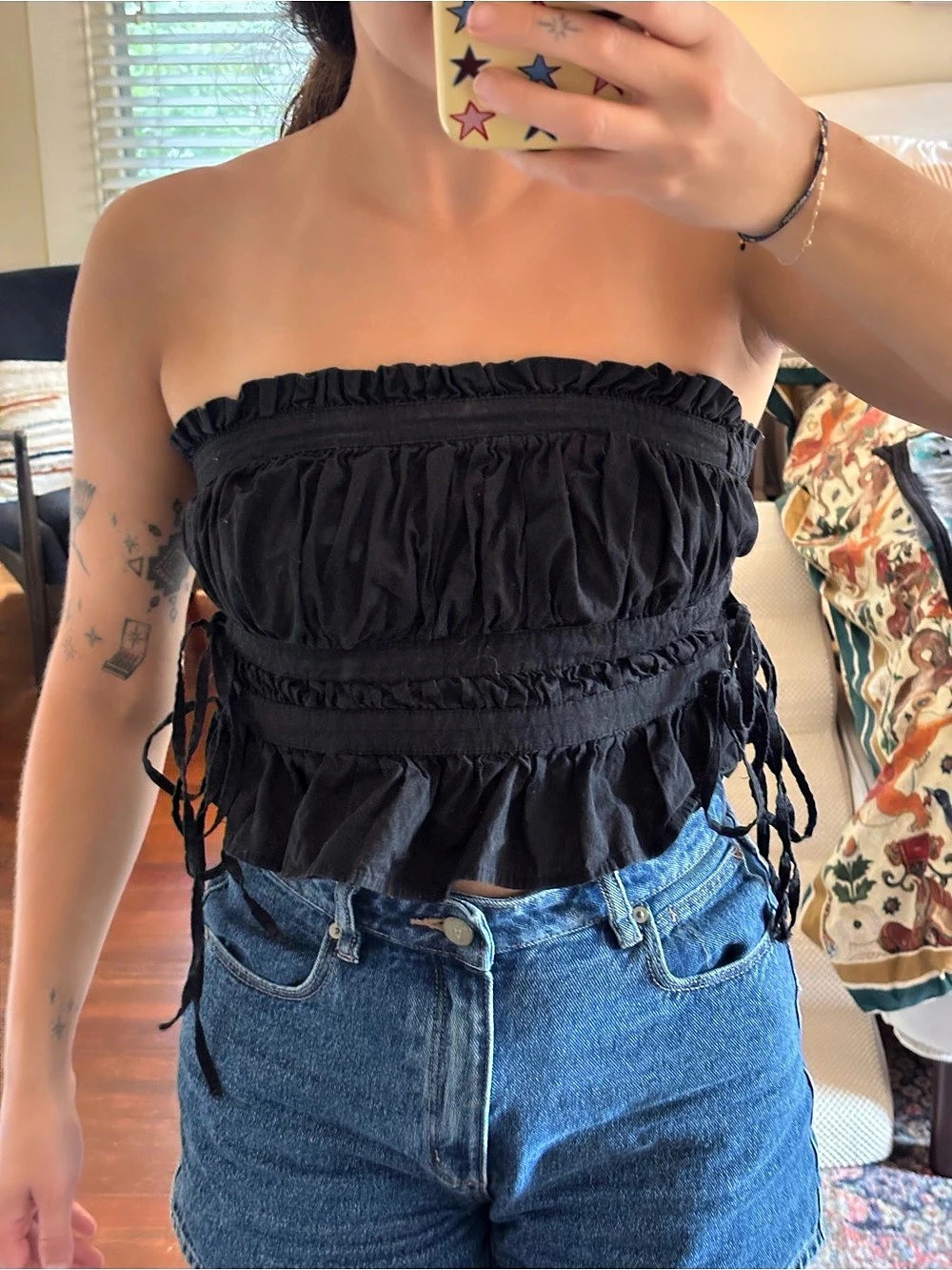 Free People Gabby Cinched Tube Top Black Ruched Strapless Crop Top, 100% Cotton